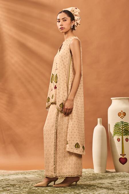 Shop_Masaba_Beige Crepe, Silk Embroidery V-neck Clover Checks Top And Skirt Set _Online_at_Aza_Fashions