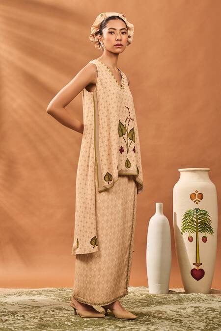 Masaba_Beige Crepe, Silk Embroidery V-neck Clover Checks Top And Skirt Set _at_Aza_Fashions