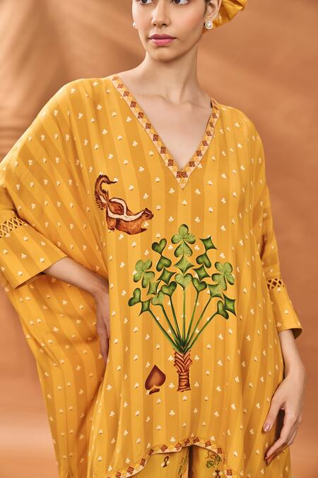 Masaba_Yellow Crepe, Silk Embroidery V-neck Ochre Spade Blossom Kurta Set_at_Aza_Fashions