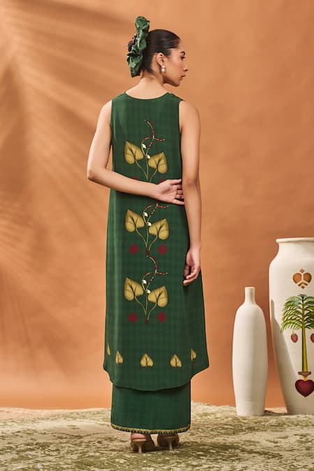 Shop_Masaba_Green Crepe, Silk V-neck Clover Checks Top And Skirt Set _at_Aza_Fashions