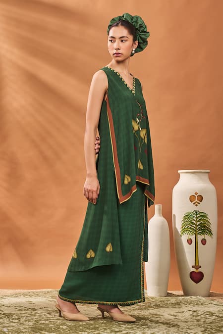 Buy_Masaba_Green Crepe, Silk V-neck Clover Checks Top And Skirt Set _Online_at_Aza_Fashions