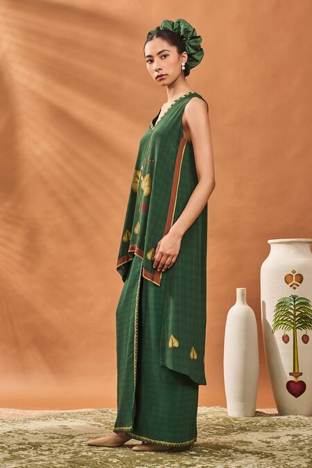 Shop_Masaba_Green Crepe, Silk V-neck Clover Checks Top And Skirt Set _Online_at_Aza_Fashions