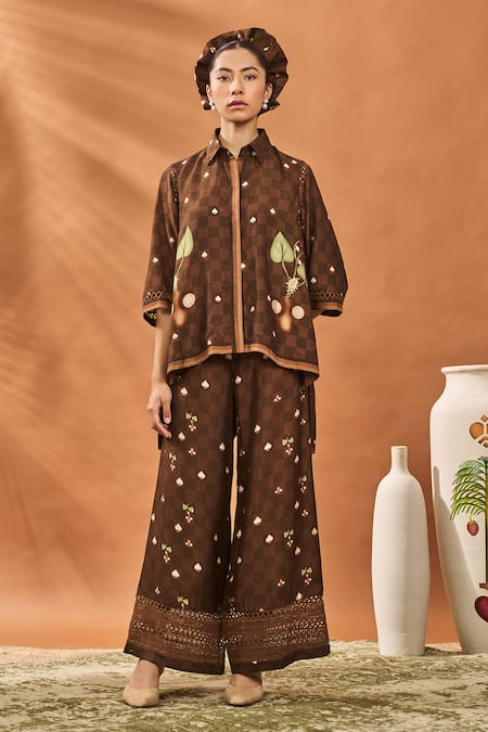 Masaba_Brown Silk Embroidery Collared Checkered Bloom Pant Set _Online_at_Aza_Fashions
