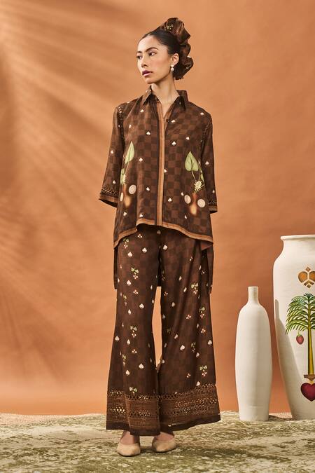 Buy_Masaba_Brown Silk Embroidery Collared Checkered Bloom Pant Set _Online_at_Aza_Fashions