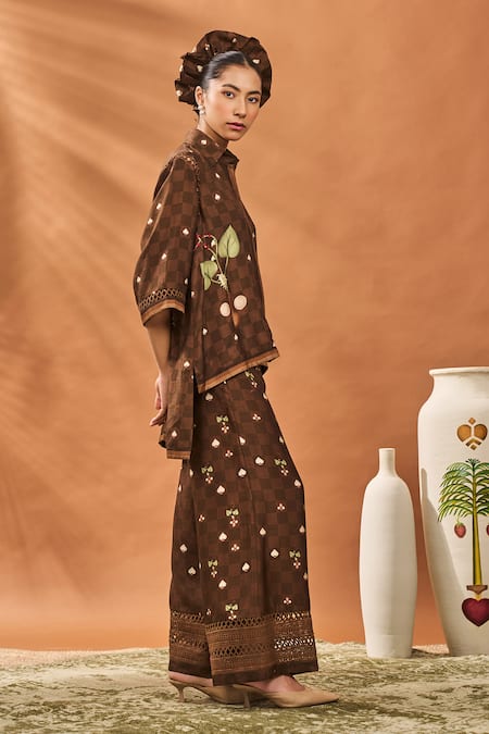 Shop_Masaba_Brown Silk Embroidery Collared Checkered Bloom Pant Set _Online_at_Aza_Fashions