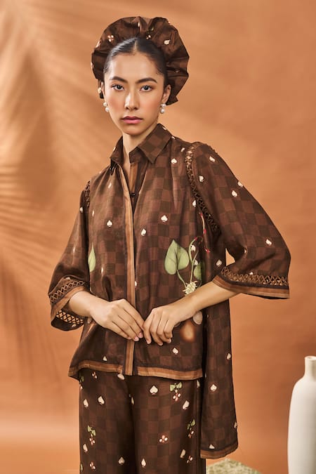 Masaba_Brown Silk Embroidery Collared Checkered Bloom Pant Set _at_Aza_Fashions