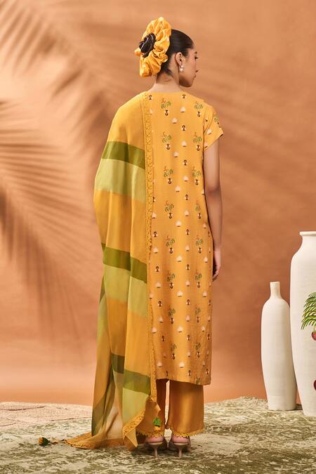 Shop_Masaba_Yellow Silk, Organza Embroidery V-neck Spades Blossom Kurta Set _at_Aza_Fashions