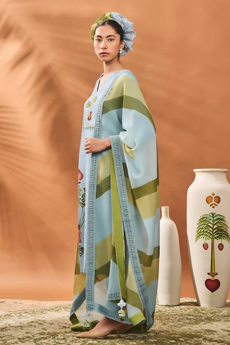 Masaba_Blue Chanderi, Organza Embroidery, Tassels V-neck Powder Printed Kurta Set _Online_at_Aza_Fashions