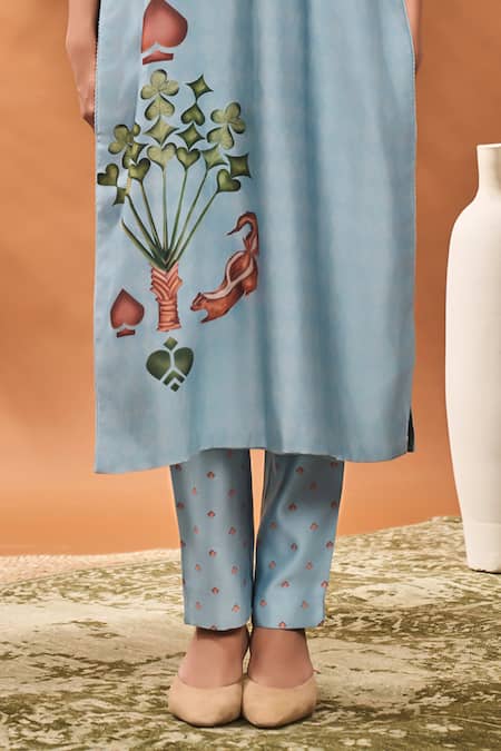 Masaba_Blue Chanderi, Organza Embroidery, Tassels V-neck Powder Printed Kurta Set _at_Aza_Fashions