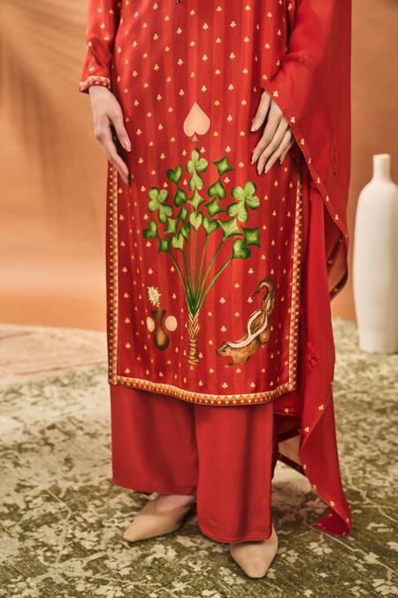 Buy_Masaba_Rust Silk, Organza Embroidery Round Neck Striped Kurta Set _Online_at_Aza_Fashions