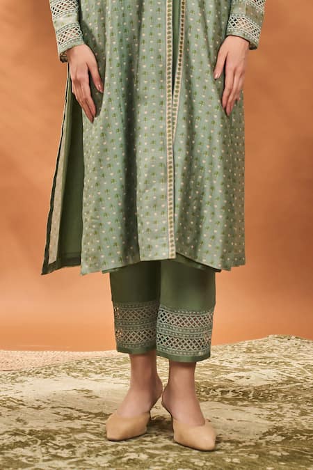 Buy Masaba Green Chanderi Embroidery Round Neck Sage Printed Angarkha Kurta Set Online at Aza Fashions Buy_Masaba_Green Chanderi Embroidery Round Neck Sage Printed Angarkha Kurta Set _Online_at_Aza_Fashions