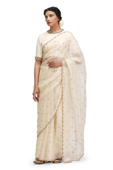 Mimamsaa_Ivory Organza, Silk Sequins, Embroidery Round Neck Hansa Saree And Blouse _Online_at_Aza_Fashions