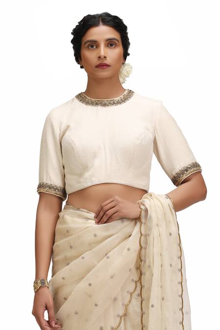 Buy_Mimamsaa_Ivory Organza, Silk Sequins, Embroidery Round Neck Hansa Saree And Blouse _Online_at_Aza_Fashions