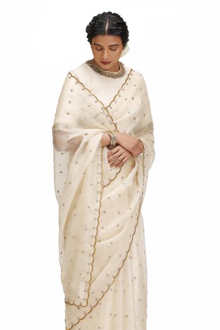 Shop_Mimamsaa_Ivory Organza, Silk Sequins, Embroidery Round Neck Hansa Saree And Blouse _Online_at_Aza_Fashions