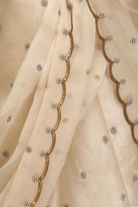 Mimamsaa_Ivory Organza, Silk Sequins, Embroidery Round Neck Hansa Saree And Blouse _at_Aza_Fashions