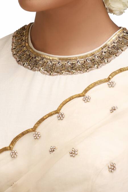 Shop_Mimamsaa_Ivory Organza, Silk Sequins, Embroidery Round Neck Hansa Saree And Blouse 