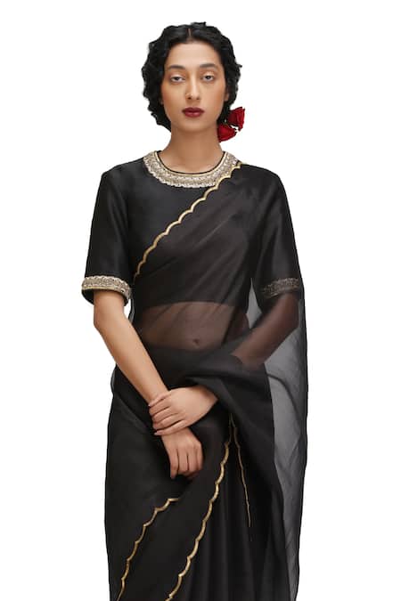 Mimamsaa_Black Organza, Silk Embroidery Round Neck Shyamala Saree And Stitched Blouse _Online_at_Aza_Fashions