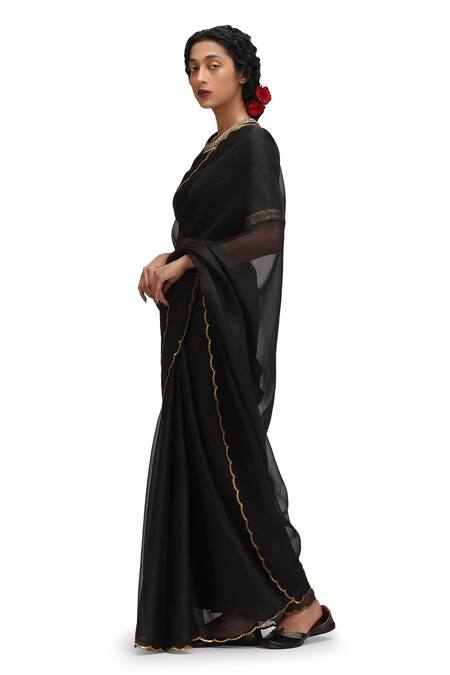 Buy_Mimamsaa_Black Organza, Silk Embroidery Round Neck Shyamala Saree And Stitched Blouse _Online_at_Aza_Fashions