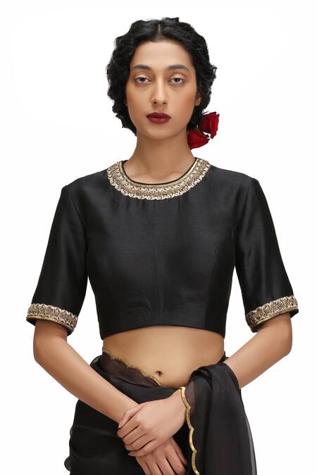 Shop_Mimamsaa_Black Organza, Silk Embroidery Round Neck Shyamala Saree And Stitched Blouse _Online_at_Aza_Fashions