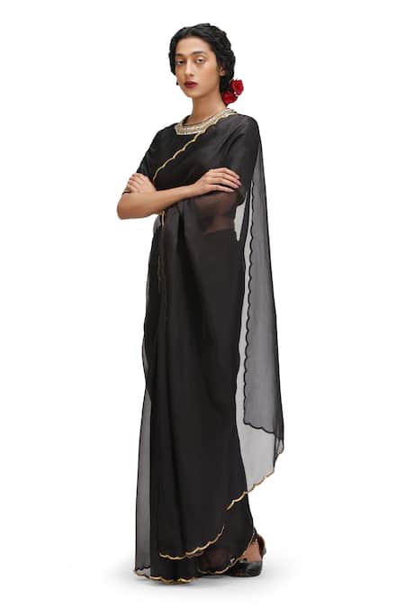 Mimamsaa_Black Organza, Silk Embroidery Round Neck Shyamala Saree And Stitched Blouse _at_Aza_Fashions
