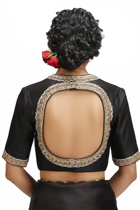 Shop Mimamsaa Black Organza, Silk Embroidery Round Neck Shyamala Saree And Stitched Blouse Shop_Mimamsaa_Black Organza, Silk Embroidery Round Neck Shyamala Saree And Stitched Blouse