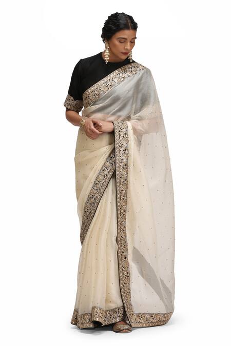 Mimamsaa_Ivory Organza, Silk Embroidery Round Neck Sarvani Saree And Blouse Set _Online_at_Aza_Fashions