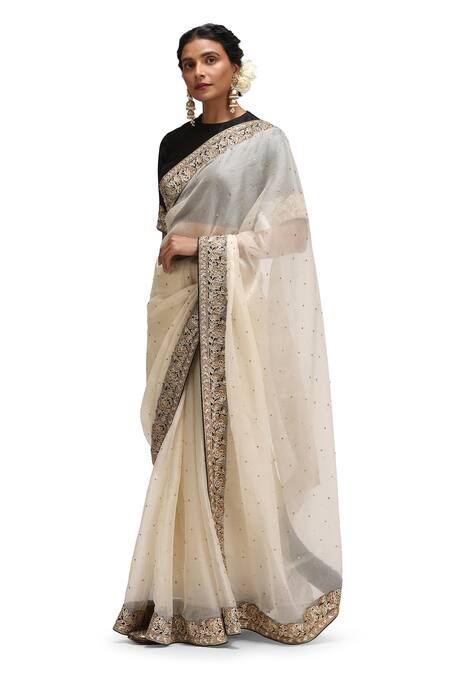Buy_Mimamsaa_Ivory Organza, Silk Embroidery Round Neck Sarvani Saree And Blouse Set _Online_at_Aza_Fashions