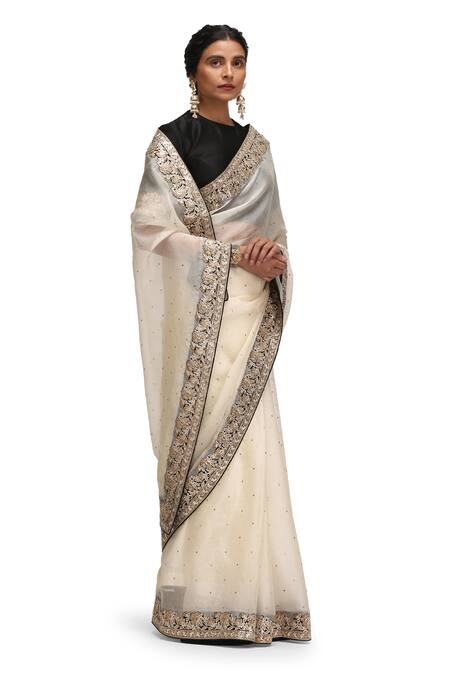 Shop_Mimamsaa_Ivory Organza, Silk Embroidery Round Neck Sarvani Saree And Blouse Set _Online_at_Aza_Fashions