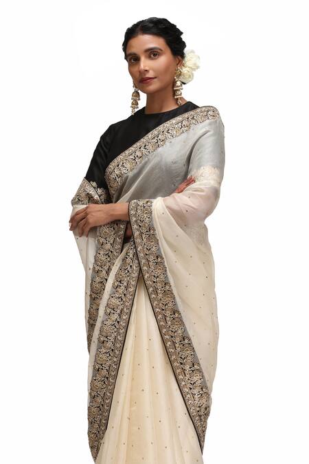 Mimamsaa_Ivory Organza, Silk Embroidery Round Neck Sarvani Saree And Blouse Set _at_Aza_Fashions