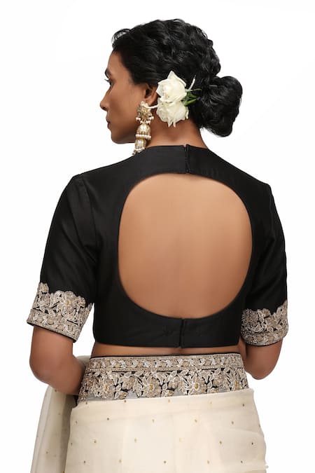 Shop_Mimamsaa_Ivory Organza, Silk Embroidery Round Neck Sarvani Saree And Blouse Set _at_Aza_Fashions