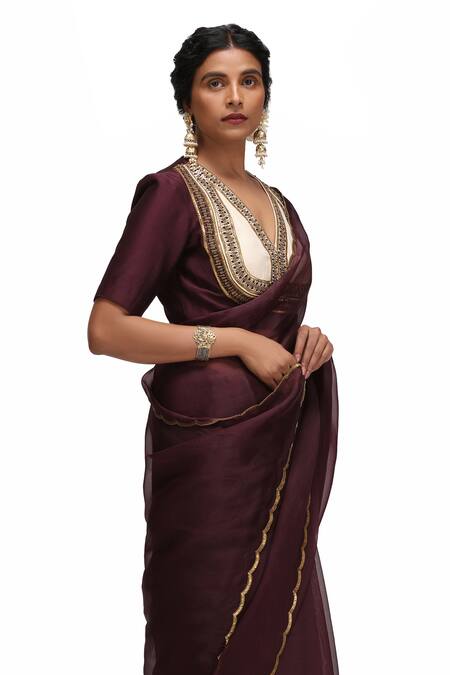 Buy_Mimamsaa_Maroon Organza, Silk Embroidery, Sequins, Metallic Mangalya Saree And Blouse Set _Online_at_Aza_Fashions