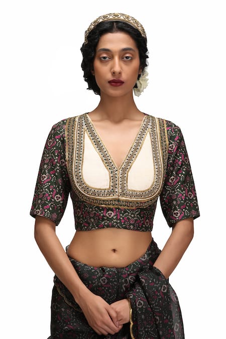 Mimamsaa_Green Organza, Silk, Maheshwari Embroidery V-neck Floral Print Saree Set _at_Aza_Fashions