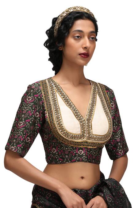 Buy_Mimamsaa_Green Organza, Silk, Maheshwari Embroidery V-neck Floral Print Saree Set 