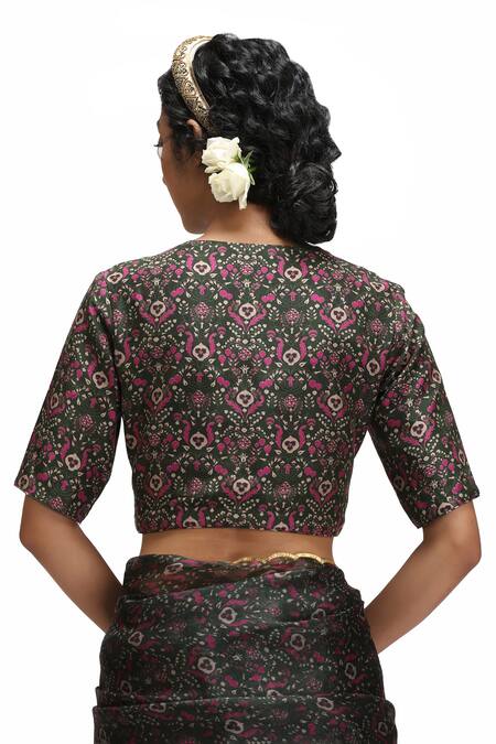 Shop_Mimamsaa_Green Organza, Silk, Maheshwari Embroidery V-neck Floral Print Saree Set 