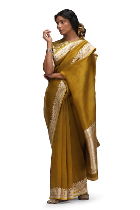 Mimamsaa_Yellow Silk Organza, Brocade Embroidery Round Neck Tara Saree Set _Online_at_Aza_Fashions