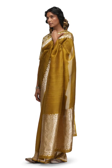 Buy_Mimamsaa_Yellow Silk Organza, Brocade Embroidery Round Neck Tara Saree Set _Online_at_Aza_Fashions