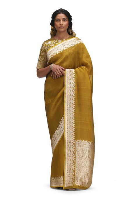 Shop_Mimamsaa_Yellow Silk Organza, Brocade Embroidery Round Neck Tara Saree Set _Online_at_Aza_Fashions
