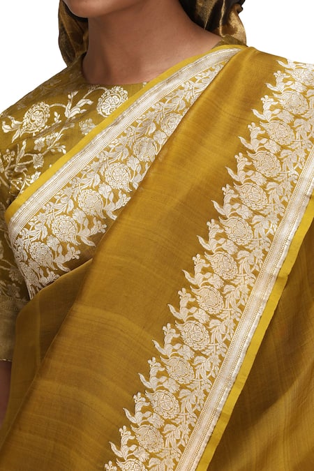 Mimamsaa_Yellow Silk Organza, Brocade Embroidery Round Neck Tara Saree Set _at_Aza_Fashions