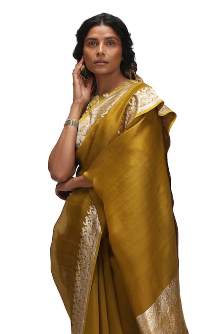 Buy_Mimamsaa_Yellow Silk Organza, Brocade Embroidery Round Neck Tara Saree Set 