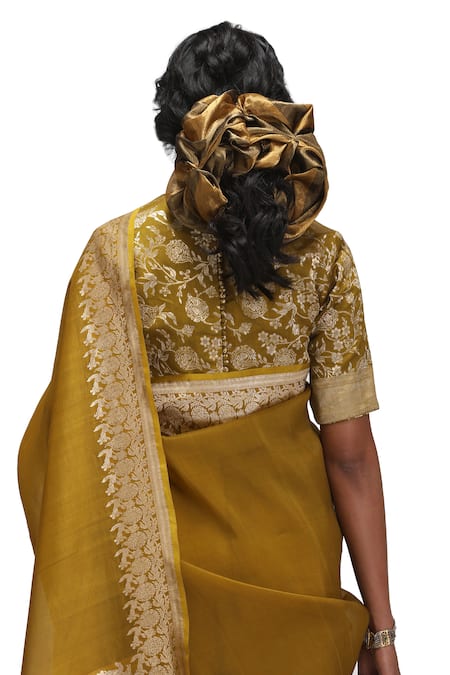 Shop_Mimamsaa_Yellow Silk Organza, Brocade Embroidery Round Neck Tara Saree Set 