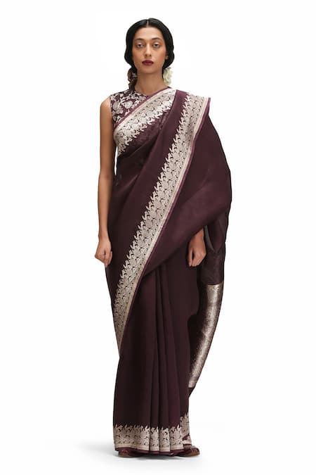 Mimamsaa_Purple Organza, Brocade Embroidery Round Neck Kalika Silk Saree Set _Online_at_Aza_Fashions