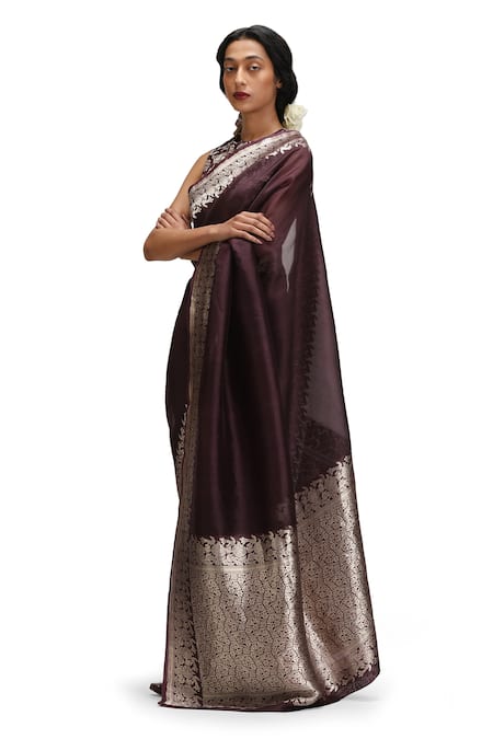 Buy_Mimamsaa_Purple Organza, Brocade Embroidery Round Neck Kalika Silk Saree Set _Online_at_Aza_Fashions