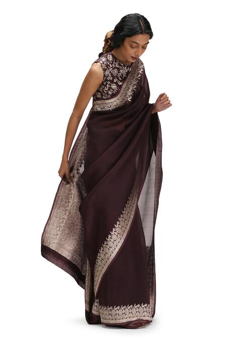 Shop_Mimamsaa_Purple Organza, Brocade Embroidery Round Neck Kalika Silk Saree Set _Online_at_Aza_Fashions