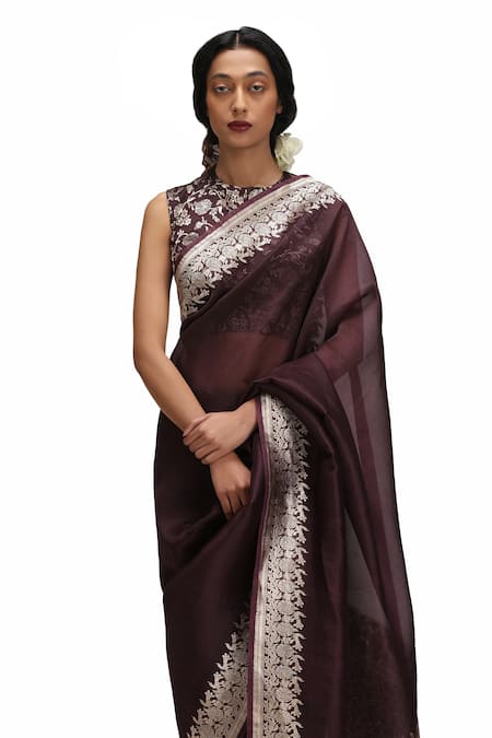 Mimamsaa_Purple Organza, Brocade Embroidery Round Neck Kalika Silk Saree Set _at_Aza_Fashions