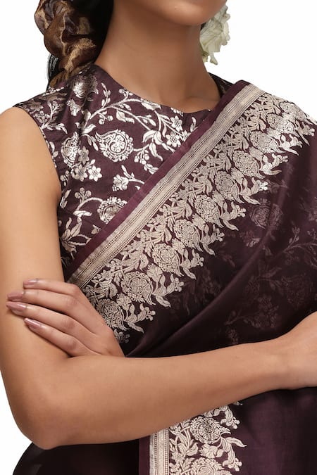 Buy_Mimamsaa_Purple Organza, Brocade Embroidery Round Neck Kalika Silk Saree Set 