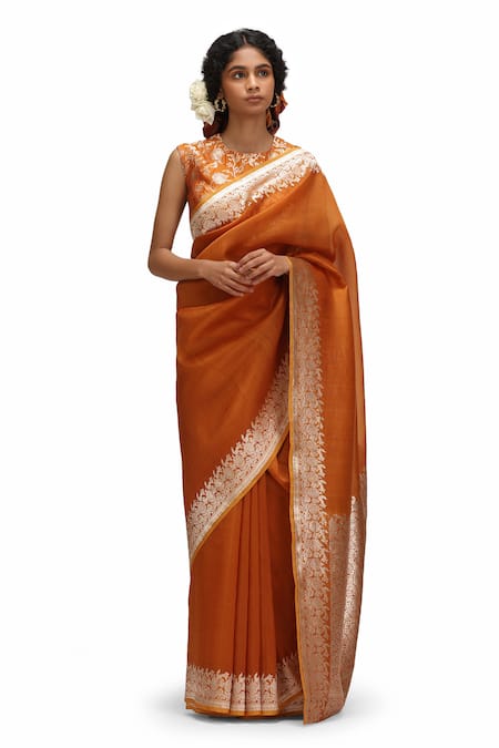 Mimamsaa_Orange Organza, Brocade Zari, Embroidery Round Tvarita Silk Saree And Blouse _Online_at_Aza_Fashions