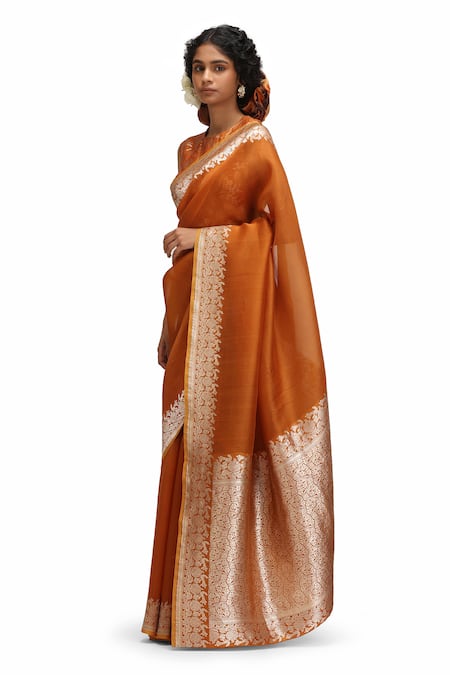 Buy_Mimamsaa_Orange Organza, Brocade Zari, Embroidery Round Tvarita Silk Saree And Blouse _Online_at_Aza_Fashions