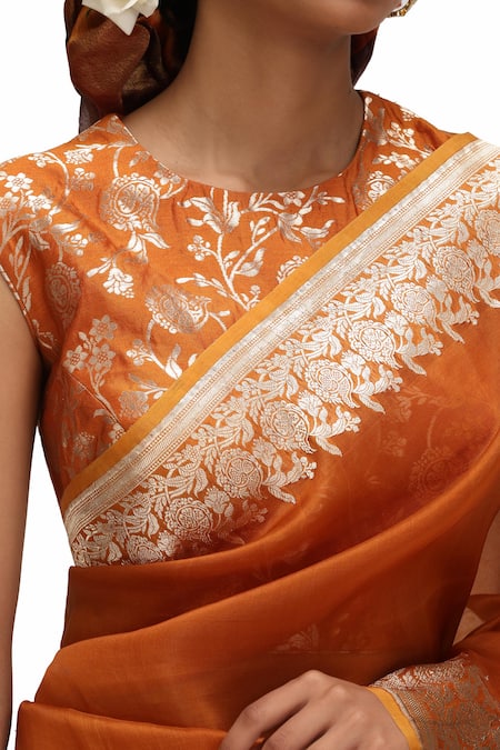 Shop_Mimamsaa_Orange Organza, Brocade Zari, Embroidery Round Tvarita Silk Saree And Blouse _Online_at_Aza_Fashions