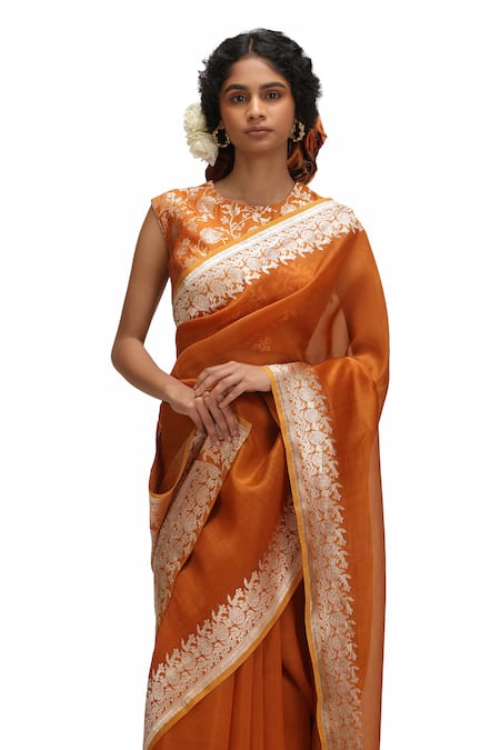 Mimamsaa_Orange Organza, Brocade Zari, Embroidery Round Tvarita Silk Saree And Blouse _at_Aza_Fashions