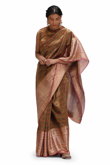 Mimamsaa_Green Tissue, Silk Round Neck Vikriti Saree Set _Online_at_Aza_Fashions